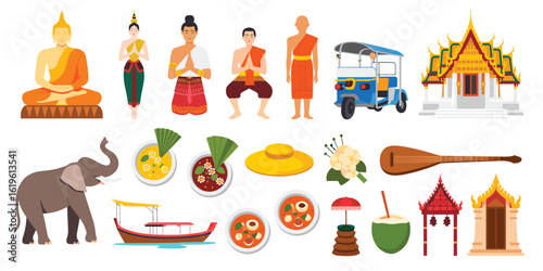Traditional Thai Cultural Icons in Flat Design Arrangement