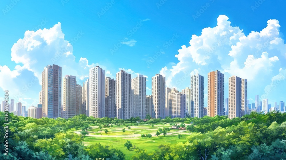Fototapeta premium Sunny cityscape view from a lush green park.