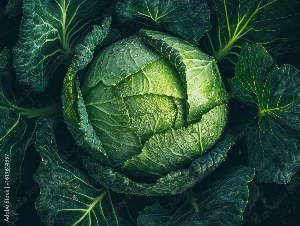 Obraz premium Dewy Green Cabbage Head Surrounded by Leaves, Fresh Produce , Vegetable