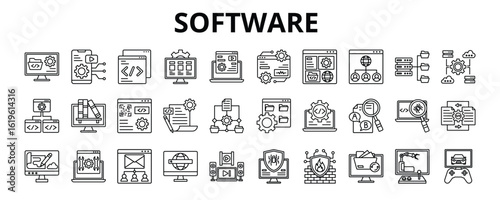 30 Software Line Icons Vector - Mobile Application, Platform, Operating system, Database, Algorithm, Web Application, Virtual machine 