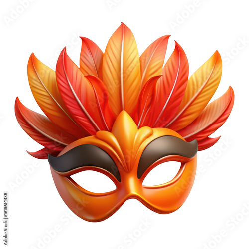 3d ornate masquerade mask with feathers isolated on transparent background