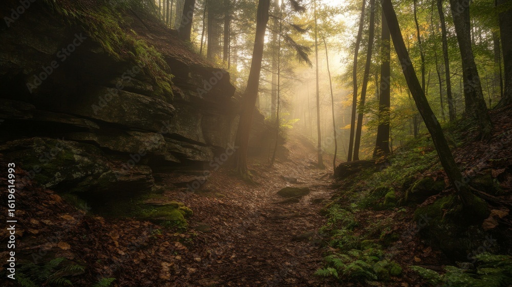 Obraz premium Foggy Forest Path Light Through The Trees, nature , forest landscape