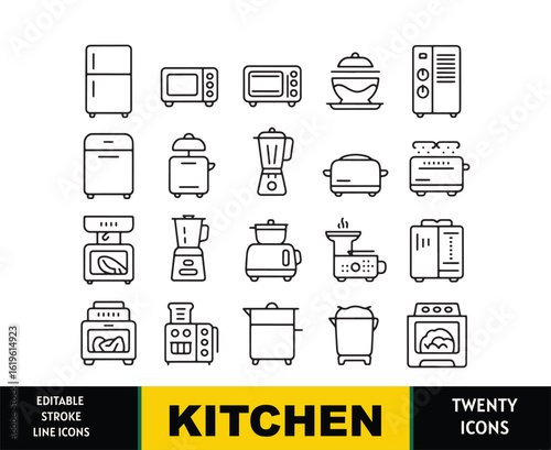 Collection of black outline kitchen appliance icons on white background refrigerator microwave