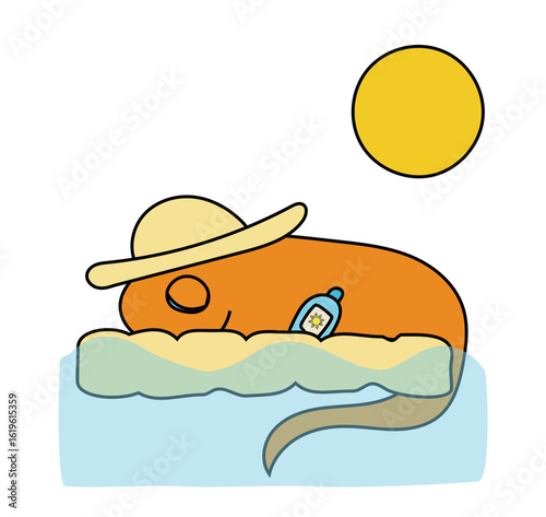 A cute orange monster with a long tail and a yellow heat fallen asleep while floating on a waterbed in the sea. A bottle of sunscreen next to him, sun shining. Concept of vacation, rest and relaxing. 