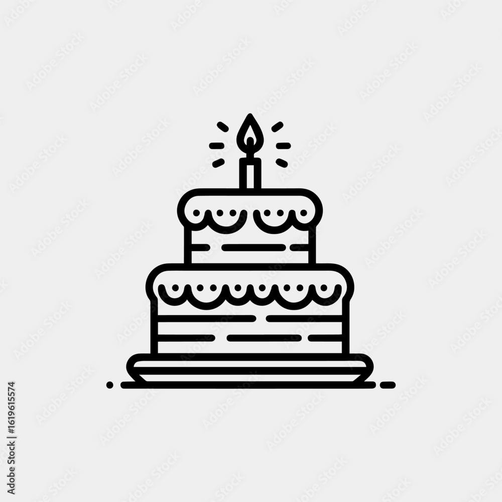 TwoLayered Birthday Cake with Lit Candle Icon. TwoLayered Birthday Cake with Lit Candle Icon.
