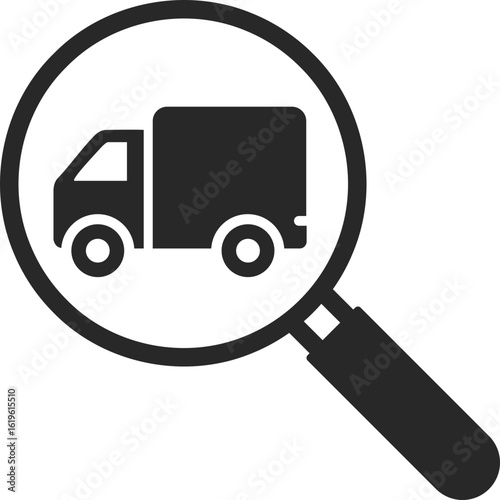 Magnifying glass searching for truck to represent vehicle inspection, logistics research, and delivery analysis.