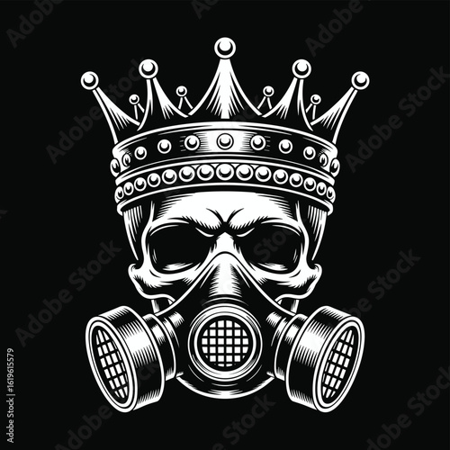 Gothic Skull Crowned with Gas Mask Illustration in Monochrome