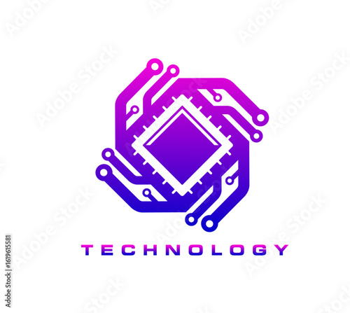 Computer chip icon, AI technology symbol. PC hardware CPU company vector emblem, personal computer technology microchip startup or service sign. Electronics chip with motherboard traces icon or symbol