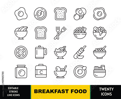 Collection of twenty black line art icons representing breakfast food and drinks vector