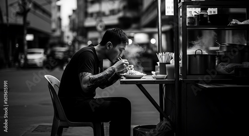 Solitary urban dining as a man savors a steaming bowl of noodles from a street food vendor in a dramatic black and white shot.