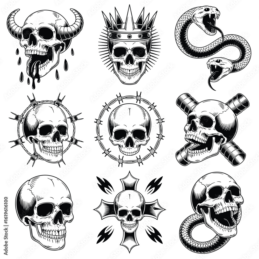 Fototapeta premium Intricate Black and White Skull Tattoo Illustration Grid
