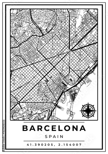 Downtown Street Maps of Barcelona City Spain, Black and White Modern Poster with Location Coordinate and Compass Position, Wall Art Home Decor Ready to Printable