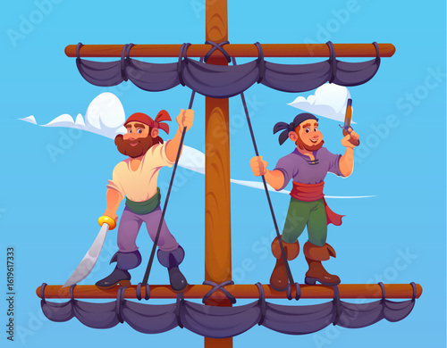 Cartoon pirate characters on the sail mast of medieval corsair sailboat. Pirate sailors vector personages with gun and sword standing on ship mast with tied sails. Cartoon corsair crew characters
