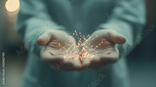Glowing digital network held in human hands, soft focus