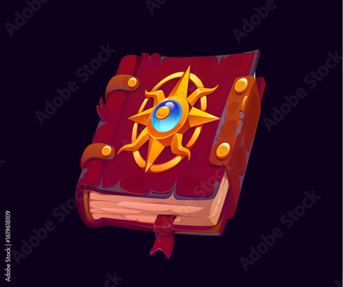 Pirate ships logbook with vintage compass, vector corsair game UI asset. Cartoon medieval pirate ship deck log book with leather cover, bookmark, gold compass wind rose and gem, corsair captain diary