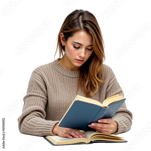 Reading woman in cozy sweater indoor setting focused on book casual environment intellectual pursuit