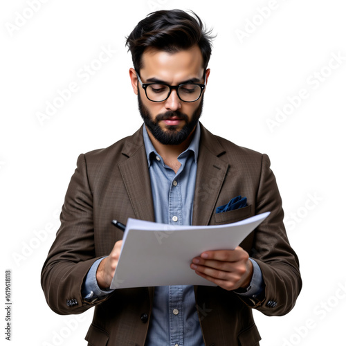 Business professional reviewing documents in office environment focused perspective on workflow and decision-making