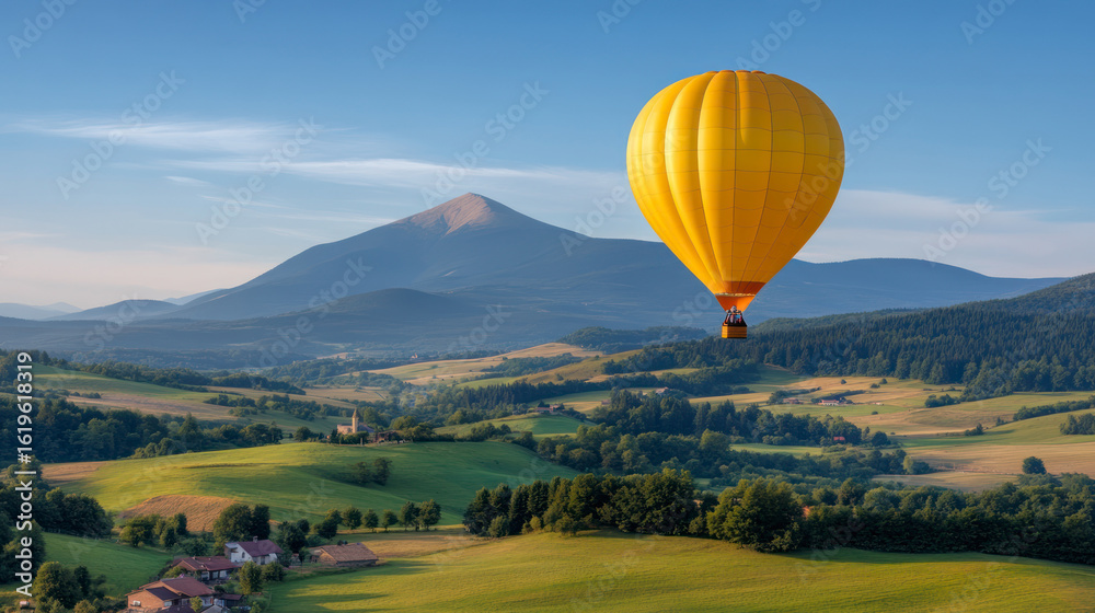 Obraz premium Yellow hot air balloon flying over scenic countryside