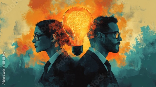 Collaborative Innovation A man and woman, back-to-back, share a bright idea symbolized by a lightbulb with a brain inside.