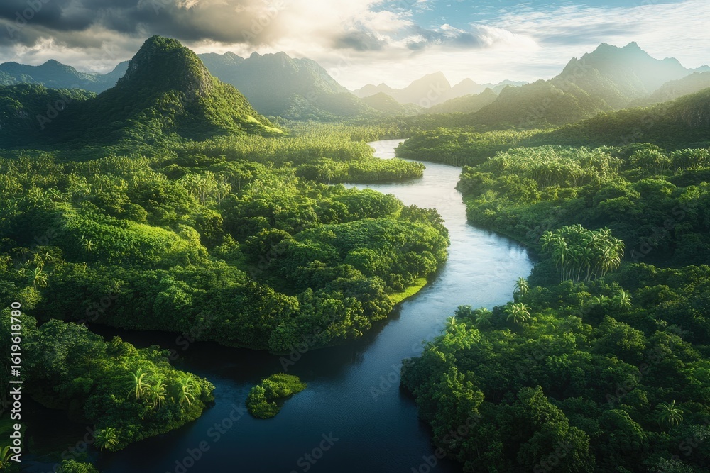 Fototapeta premium Lush river winding through a verdant valley, sunlight filtering through clouds