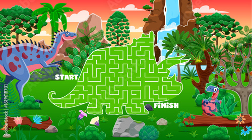 Kids labyrinth maze game with prehistoric dinosaur mother and kid characters. Kids labyrinth riddle, search path or way playing activity maze vector worksheet with alectrosaurus and baby dino in egg
