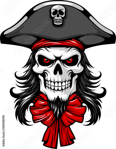Pirate captain skull mascot with black tricorn hat and red bandana, vector tattoo or t shirt print. Cartoon scary skeleton skull face of pirate corsair ship captain mascot with spooky smile and beard
