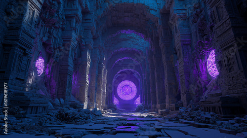 Ancient stone temple interior with glowing neon purple symbols, digital futuristic runes, mystic architecture blending sci-fi and ruins, deep passageway illuminated by cyber arcane light rings