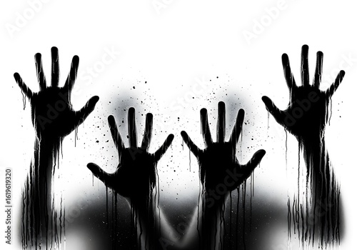 Silhouetted hands reaching out with dripping paint effect on a white background