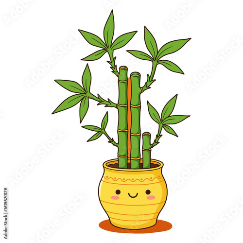 Cute Cartoon Lucky Bamboo Plant in Kawaii Pot for Good Luck and Prosperity