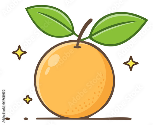 Cute orange fruit with green leaves and sparkling stars, cartoon style illustration