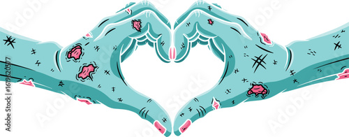Zombie hands forming a heart shape, cartoon horror illustration with wounds and exposed flesh in undead blue-green style for Halloween
