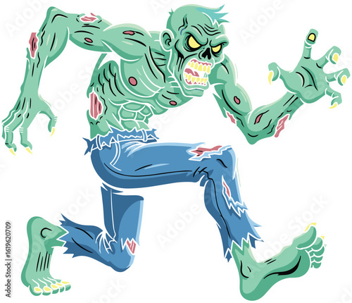 Terrifying green zombie vector running with tattered clothes, horror character for Halloween, spooky undead design, cad drawing flat illustration