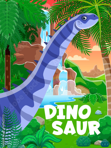 Prehistoric dinosaur character in jungle forest. Vector banner or book cover featuring cartoon hypselosaurus dino reptile animal in a lush environment. Template for party invitation or Jurassic park
