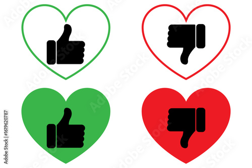Thumbs up in green and thumbs down in red icons set with heart shape. Like and dislike vector collection on white background.