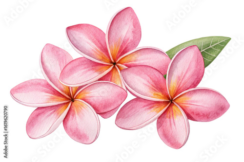 Watercolor pink plumeria flowers with green leaf isolated on transparent background