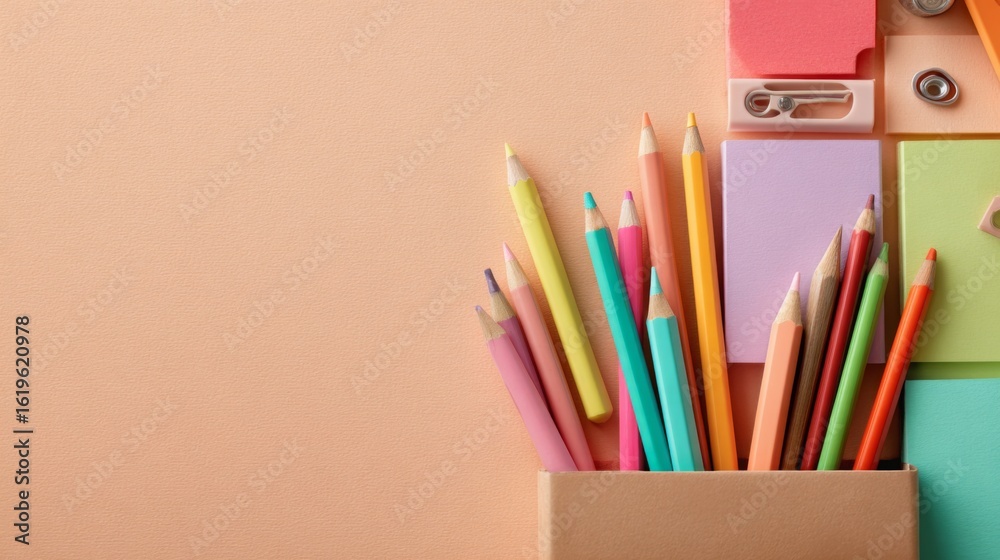 Fototapeta premium Colorful collection of art supplies arranged on a pastel background for creative projects or school activities