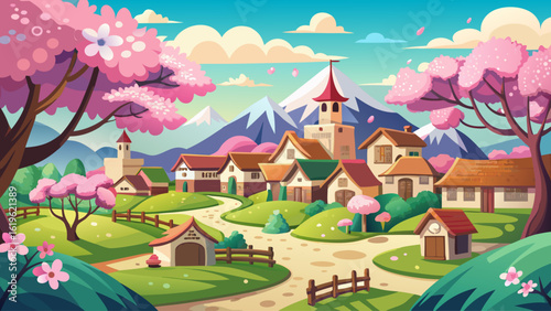 A peaceful village nestled among cherry blossom trees in full bloom during spring