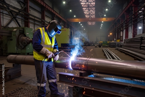 Industrial worker welding inside a large factory, wearing full safety gear and welding mask, welding sparks flying, machinery and pipes in the background, ambient workshop lighting with slight smoke.
