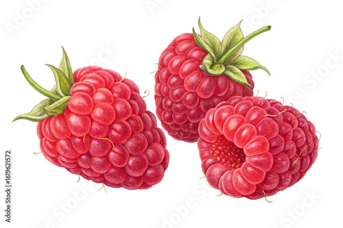 Three ripe raspberries isolated on transparent background