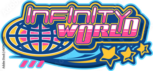 Infinity world globe Y2K retro icon or symbol. Internet and web network planet Earth retro vector icon, world travel globus symbol. Business globe wireframe emblem with abstract futuristic typography