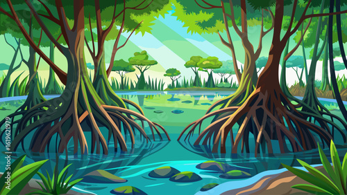 A tropical mangrove forest where roots stretch into calm brackish water