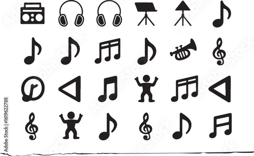 Music icons boombox headphones trumpet notes treble clefs