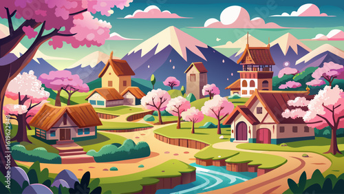 A peaceful village nestled among cherry blossom trees in full bloom during spring