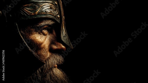 Close-up of bearded warrior in ornate helmet facing right on black background.