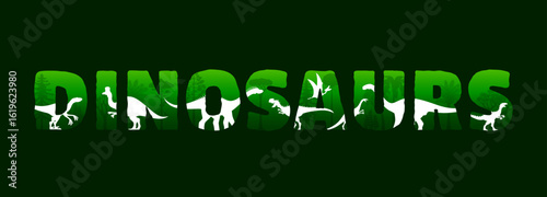 Dinosaur characters silhouettes at sunset in jungle forest. Vector double exposure dinosaur quote with dino animals and trees silhouettes. Jurassic velociraptor, corythosaurus and eoraptor at sunset
