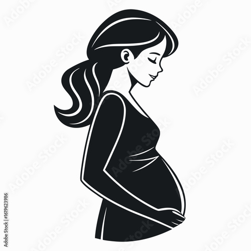 Black silhouette shows a pregnant woman tenderly cradling her baby bump with a transparent background
