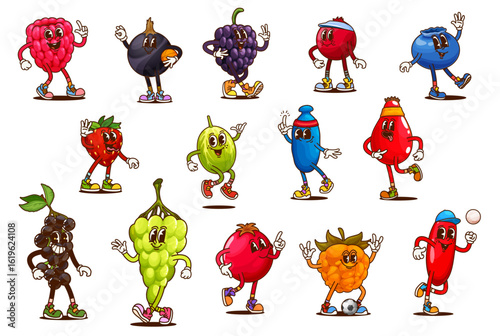 Cartoon groovy berry characters doing sports, retro funny fruit food vector personages. Cute psychedelic raspberry, strawberry, grapes and cranberry, vintage groovy blackberry, gooseberry and rosehip