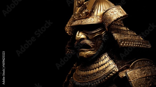 Ornate traditional samurai armor in gold with intricate detailing on black background.
