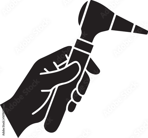 Hand holding medical otoscope silhouette instrument
