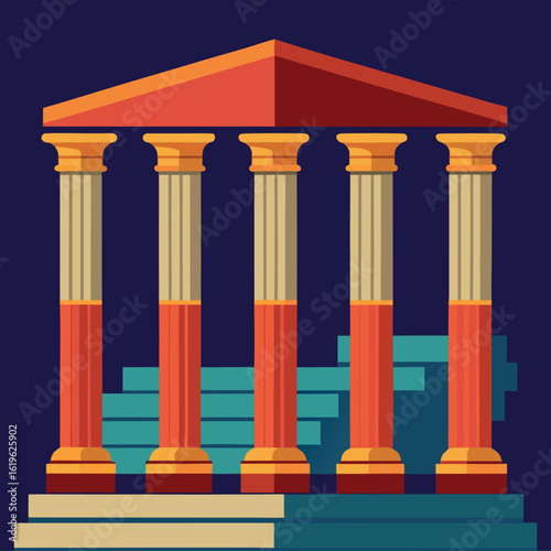 Orange roof and golden columns create a classic architectural scene, set against dark background
